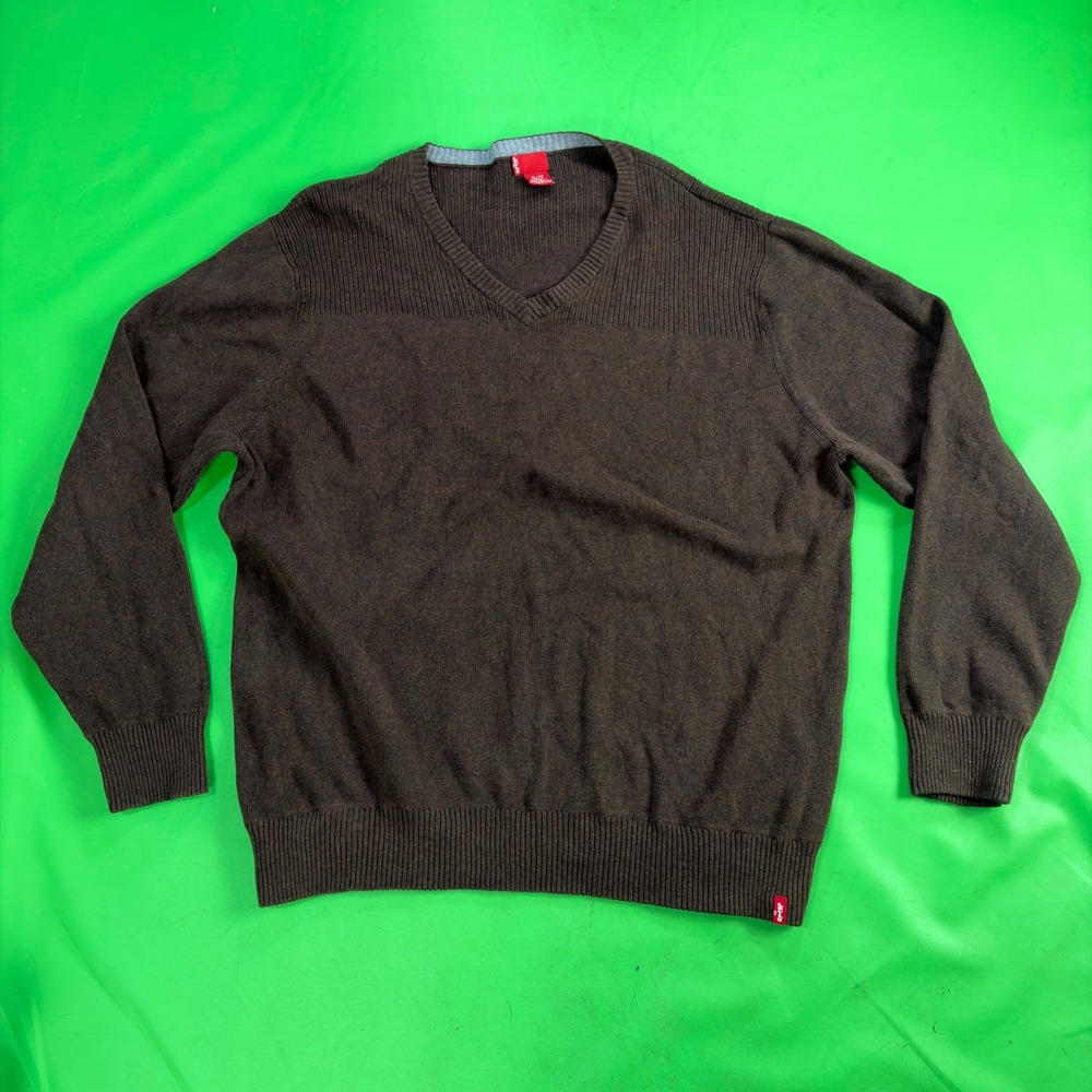 Levis V-Neck Sweater Mens XL Brown 100% Cotton Ribbed Knit Pullover Preppy Dark